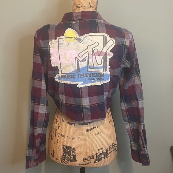 Handmade Tops - Handmade Upcycled Grunge MTV 90s Plaid Flannel Cropped Button Up Shirt Red Small